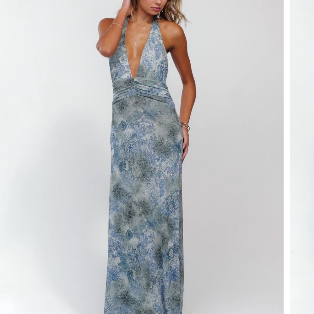 RESA Blue-Grey Halter Plunge Maxi Dress